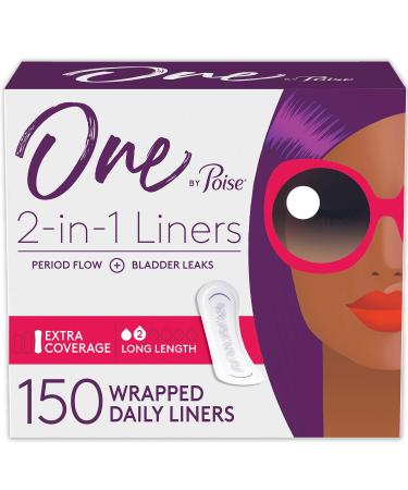 One by Poise Panty Liners (2-in-1 Period & Bladder Leakage Daily Liner), Long, Extra Coverage, 150 Count (3 Packs of 50) Panty Liners (150 Count)