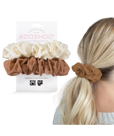 KOOSHOO Scrunchies - Organic Cotton Scrunchie Set Made from Plants - Washable  Durable  No-Damage Accessories for All Hair Types - Fair Trade  Ethically Made  Vegan - 2ct Cappuccino