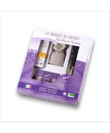 Organic Lavender Well-Being Gift Box in Provence - Relaxation Kit Lavender Exfoliating Soap, Lavender Hand Cream, Raw Lavender Bouquet and Bag of Lavender Flowers - Grown and Packaged in Provence
