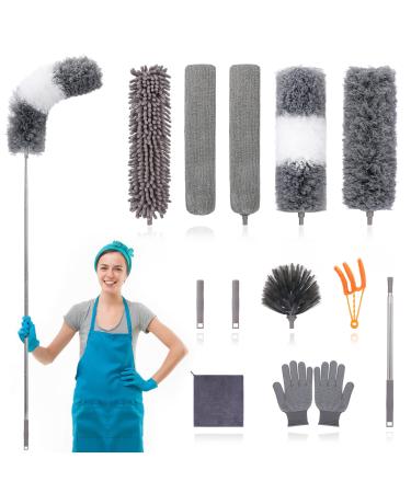 12pcs Microfiber Dusters, Duster with Extension Pole(Stainless Steel) 30 to 100'', Washable Dusters, Bendable Extendable Long Feather Duster for Cleaning Fan, High Ceiling, Blinds, Furniture, Cars