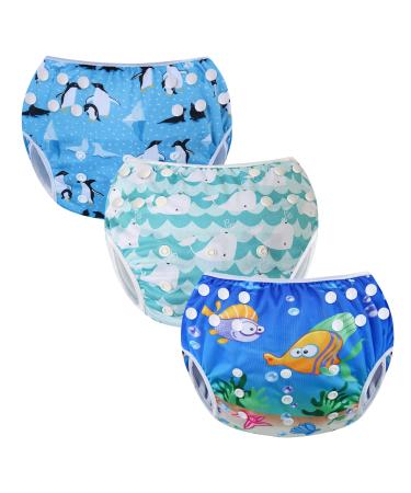 Codkkre swimming diaper baby reusable swimming diaper adjustable young girls 3 pieces of swimming trousers from 0 to 3 years (penguin+wal+fish)