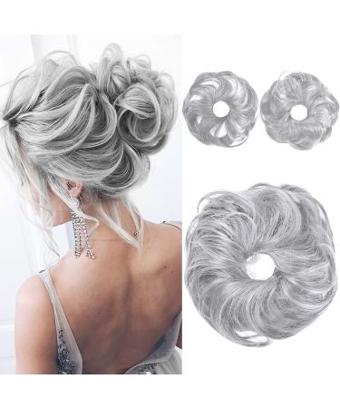 REECHO 2PCS Long Tousled Updo Hair Bun Extensions Messy Bun Hair Piece Hair Scrunchies Wraps Curly Wavy Ponytail Hairpieces Hair Accessories for Women Girls Silver Grey Plus (Pack of 2) Silver Grey