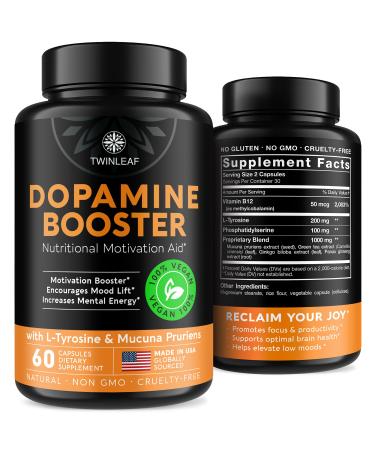 TWINLEAF Dopamine Brain Support Supplement 1000 mg Blend - Made in USA - with DMAE Vitamin B12 and L-Tyrosine - Enhance Mental Well-Being - 60 Capsules
