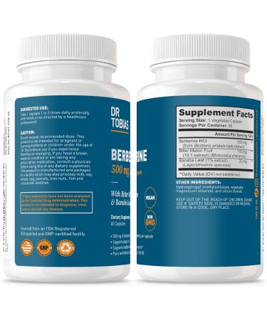 Dr. Tobias Berberine 500mg Berberine Supplement for Women & Men - Gut Health Immune Support Heart Health Supplement with Bitter Melon Banaba Leaf Vegan Non-GMO 60 Capsules - Buy Online on GoSupps.com