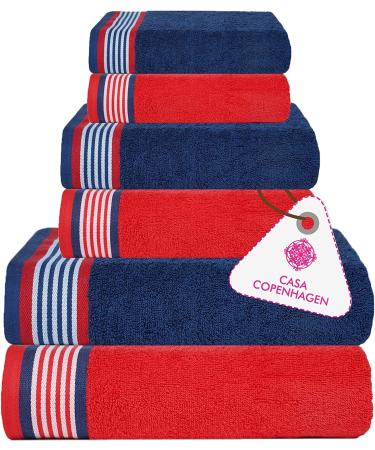 CASA COPENHAGEN Designed in Denmark 550 GSM 2 Large Bath Towels 2 Large Hand Towels 2 Washcloths, Super Soft Egyptian Cotton 6 Towels Set for Bathroom, Kitchen & Shower - American Blue & Red 6Pcs Towel Set American Blue & Red