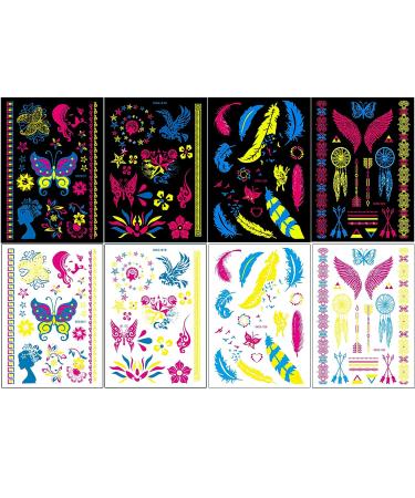 Neon Temporary Tattoos - 8 Large Sheets, Glow UV Body Shimmer, Black Light Reactive, Butterfly, Flower, Feather Designs - Perfect for Women, Girls, Parties - Buy Online on GoSupps.com