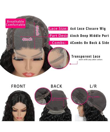 Lace Front Human Hair Water Wave Wig 20 - Brazilian Wet and Wavy, Glueless 150% Density, Pre Plucked Natural Color - Black Women's 4x4 Lace Closure - Buy Online on GoSupps.com