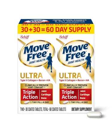 Move Free Ultra Triple Action Joint Support Supplement - Type II Collagen Boron & Hyaluronic Acid - Supports Joint Comfort Cartiliage & Bones in 1 Tiny Pill Per Day 2x30ct Bottles (60 servings)* 60.0 Servings (Pack of ...