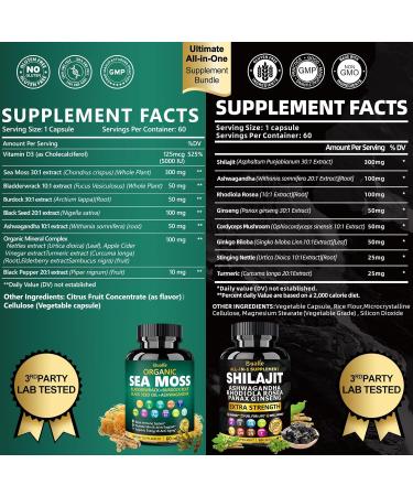 Bualle Sea Moss and Shilajit Bundle-Sea Moss 300mg,Black Seed Oil 100mg,Ashwagandha 50mg,Ginger & Shilajit 300mg,Rhodiola Rosea 100mg,Panax Ginseng 50mg,All in 1 Supplements-USA Made(2 Pack) 60 Count (Pack of 2) Sea Moss Sh  - Buy Online on GoSupps.com