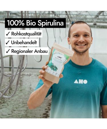 AHO Spirulina Flakes from organic farming in Germany - Organic spirulina rich in protein from Germany - Source of chlorophyll in smoothies as well as salads - Buy Online on GoSupps.com
