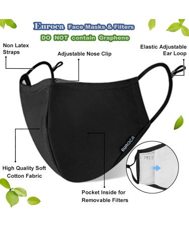 Euroca Face Masks 3 Layer Reusable Washable Adjustable Made from Cotton Fabric for Adults - 2 Filters Included Black - Buy Online on GoSupps.com