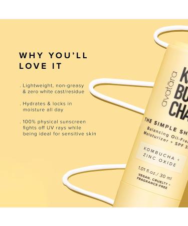 Avatara Kombucha Simple Shield Face Sunscreen | Zinc Oxide SPF Moisturizer & Teen Skincare | BHA & Hyaluronic Acid | Mineral Sunscreen 1.01 fl. oz - Buy Online on GoSupps.com