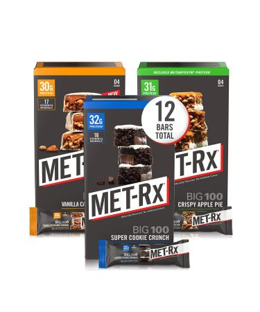 MET-Rx Big 100 Protein Bars Meal Replacement Bars Variety Pack - Super Cookie Crunch and Chocolate Chip Cookie Dough Bars 12 Count 3.52 Oz.