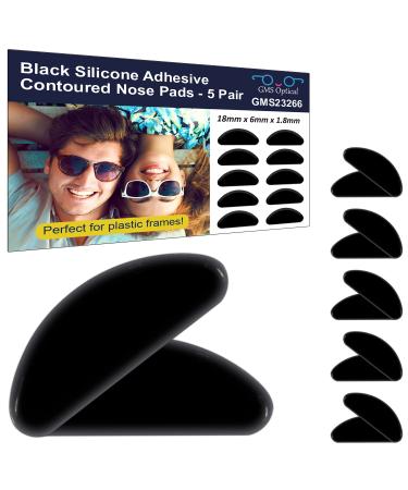 GMS Optical 1.8mm Anti-Slip Adhesive Contoured Soft Silicone Eyeglass Nose Pads with Super Sticky Backing for Glasses, Sunglasses, and Eye Wear - 5 Pair (Black)
