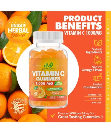 Vitamin C 1000mg Gummies with Zinc & Herbal Extracts | Immune Support for Adults & Kids | Collagen Booster | Orange Flavor | Gluten-Free & Non-GMO | 45 Gummies - Buy Online on GoSupps.com