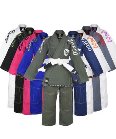 Zafco Sports Brazilian Jiu Jitsu, Kids Jiu Jitsu Gi Children BJJ Gi Grappling Kimonos Lightweight White Belt Military Green k1