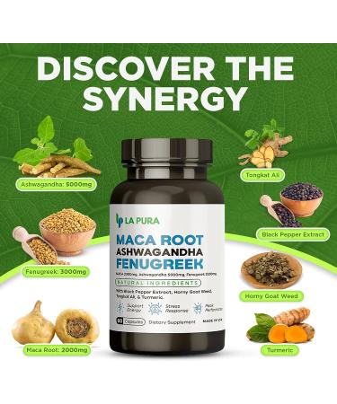 LaPura Ashwagandha 5000mg Maca Root 2000mg Fenugreek 3000mg Supplement - 60 Capsules - USA Made - Buy Online on GoSupps.com