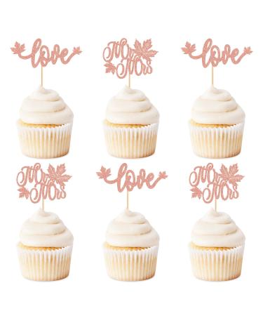 Ercadio 24 Pack Autumn Fall Love Miss to Mr Cupcake Toppers Rose Gold Glitter Fall Love Cupcake Picks Maple Leaves Cupcake Picks for Thanksgiving Theme Wedding Party Cake Decor Supplies B-rose Gold