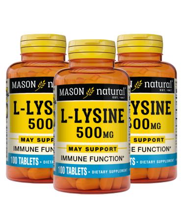 MASON NATURAL L-Lysine 500 mg with Calcium - Improved Immune Function Enhanced Nutrient Absorption Essential Amino Acid 100 Tablets (Pack of 3)