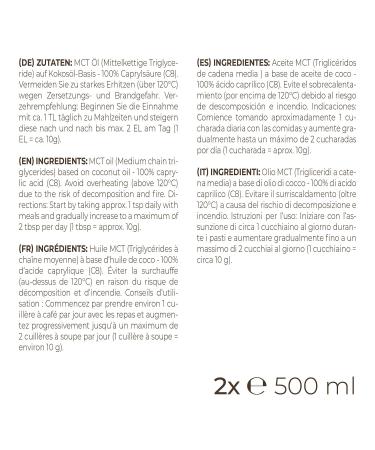 GreatVita C8 Oil 2x500ml | 100% Caprylic Acid MCT Oil | Tasteless Coconut Oil | Premium Quality for International Shipping - Buy Online on GoSupps.com