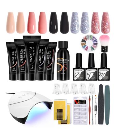 Poly Nail Gel Kit VANREESA 5 Colours Poly Nail Extension Gel Set with 36W U V Nail Lamp Essential Manicure Tools Builder Enhancement Starter Kit Gift for Women 5 Black Pink Set