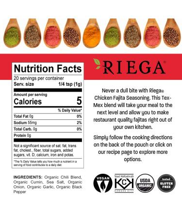 Riega Fajita Seasoning Blend Organic Tex-Mex Spice Mix for Chicken or Veggies - 0.71oz Packets - 8 Count - Buy Online on GoSupps.com