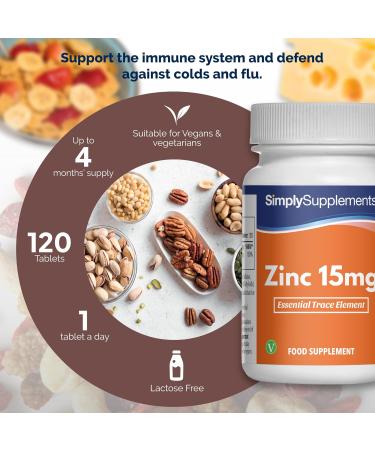 Zinc 15mg - 120 Tablets - Vegetarian Friendly - Up to 4 Months Benefits - SimplySupplements - Buy Online on GoSupps.com