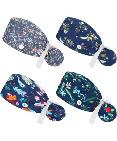 4 Pcs Scrub Caps Women with Buttons Adjustable Bouffant Hats Ponytail Hair Holder Nursing Bouffant Turban Hats (Fresh Style)