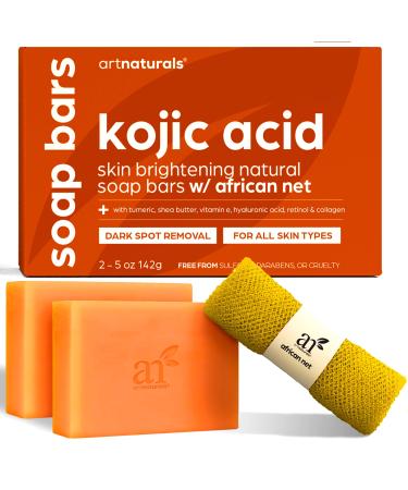 Artnaturals Kojic Acid Soap + African Net Sponge (2 pack X 142g Turmeric bars) Dark spot remover & Scars - Original Japanese Complex Vitamin C Hyaluronic Acid retinol shea butter (Citrus)