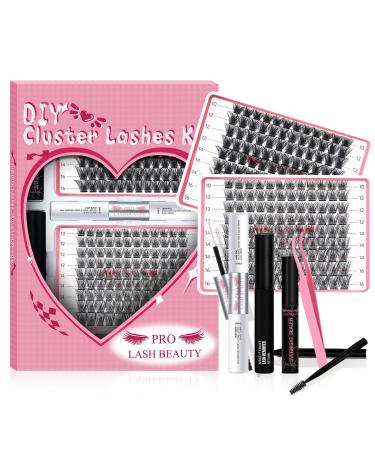 PRO DIY Lash Extension Kit Cluster Lashes Kit with 216 Pcs Lash Clusters Lash Bond and Seal 5ml Overnighter 10ml Remover Eyelash Applicator Lash Brush for Beginner DIY at Home (Volume+Natural Kit) DIY Lash Kit Volume+Natural (216Pcs)