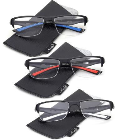 3 Pack Mens Reading Glasses - Sporty Half Frame Rimless 1.50 in Blue Red & White - Perfect for Comfortable Reading - Buy Online on GoSupps.com