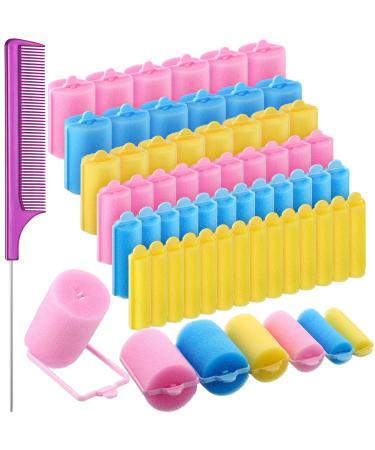 56 Pieces Foam Sponge Hair Rollers Soft Sleeping Hair Curler Assorted Sizes Flexible Hair Styling Sponge Curler with Stainless Steel Rat Tail Comb Pintail Comb for Hairdressing Styling (Mixed Color)