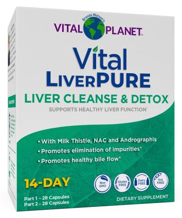 Vital Planet Vital Liver Pure Liver Cleanse Detox & Repair with Milk Thistle NAC Supplement N-Acetyl Cysteine Andrographis Dandelion Turmeric Alpha Lipoic Acid 2-Part 14-Day Kit 56 Capsules