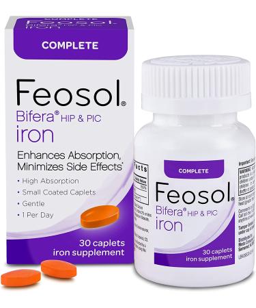 Feosol Complete Iron Supplement Tablets, Heme+Non-Heme, Extra Gentle on Stomach, 28 mg per Iron Pill, 1 Per Day, 30ct, For Energy and Immune System Support, Made in USA