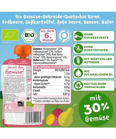 Pumpkin Organics Bio Vegetable Cereal Quetschies | Sugar-Free Baby Food (8x100g) | Vegetarian | 6+ Months | Pear Strawberry Sweet Potato Beetroot Banana Oats - Buy Online on GoSupps.com