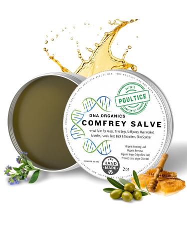 DNA Organics Comfrey Salve Ointment 2oz Organic Herbal Salve for Bones Muscles Joints Knees Skin & Tattoo Care. Herbal Balm for Soothing Relief. Handcrafted Slow-Infused No Chemical Fillers 2 Ounce