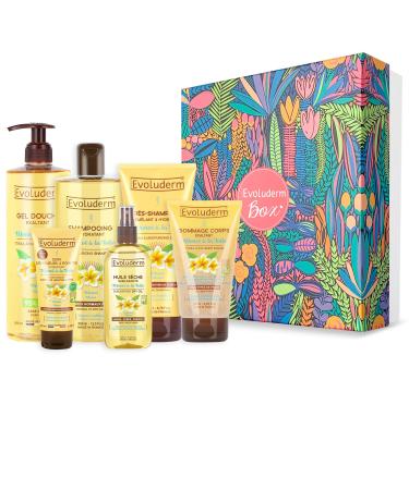 EVOLUDERM - Coffret Cadeau Bain Femme Corps & Cheveux au Mono de Tahiti 6 produits Gant Exfoliant offert - Origine Naturelle - Cadeau de No l Anniversaire F te des M res (Magic Forest)