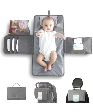JanYoo Baby Portable Changing Pad with Wipes Pocket for Diaper Bag Wipeable Waterproof Newborn Travel Mat Shower Gifts Grey