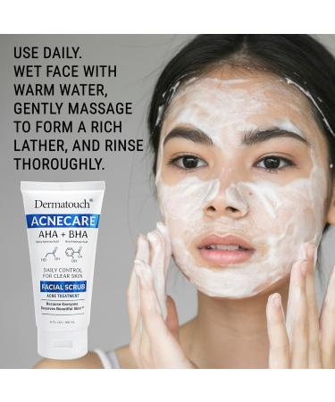 Dermatouch Acnecare Facial Scrub Daily Exfoliating AHA and BHA Face Cleanser With Salicylic Acid Vitamin C & E Coconut Oil and Olive Oil for Acne Prone Skin Clean Skin Care Made in USA 6 Fl Oz - Buy Online on GoSupps.com