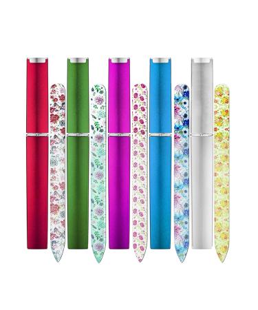 5 Pack Glass Nail Files with Case Crystal Glass Fingernail Files Double Sided Glass Nail File Mixed Color Manicure Set for Gentle Nail Care for Women Girls Printed-5pcs With Case