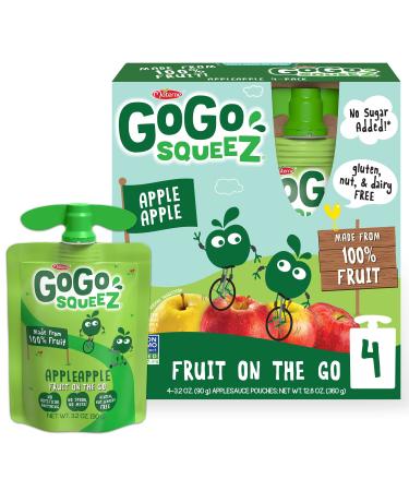 GoGo squeeZ Fruit on the Go, Apple Apple, 3.2 oz. (4 Pouches) - Tasty Kids Applesauce Snacks Made from Apples - Gluten Free Snacks for Kids - Nut & Dairy Free - Vegan Snacks