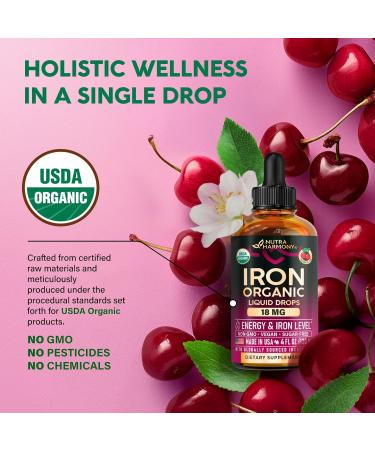 Liquid Iron Supplement for Women 18 mg - USDA Organic Drops USA-Made - with Folate Vitamin B12 & B6 - Iron Level & Energy - Gentle & High Absorption Glycinate Form - Cherry Flavor Sugar-Free 4 oz 4 Fl Oz (Pack of 1) - Buy Online on GoSupps.com