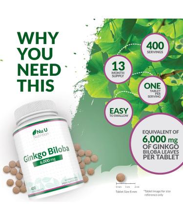 Ginkgo Biloba 6000mg - 400 High Strength Vegan Tablets - 120mg Extract per Tablet - Made in UK by Nu U Nutrition - Buy Online on GoSupps.com