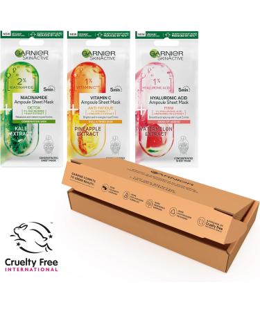 Garnier Ampoule Sheet Masks Set Of 3 - 1% Vitamin Cg + Pineapple To Brighten Skin 1% Hyaluronic Acid + Watermelon To Replump Skin 2% Niacinamide + Kale To Rebalance Oily Skin Fast Action 5 mins. - Buy Online on GoSupps.com