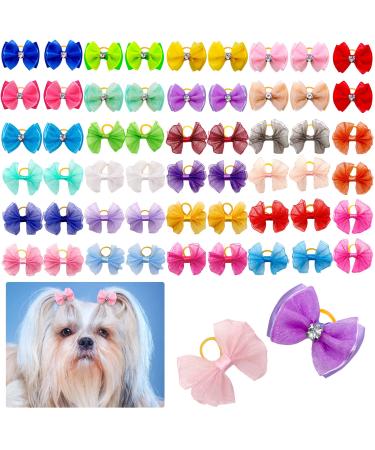 Senniea 60PCS Pet Hair Bows, Puppy Dog Bows with Rubber Bands, 20pcs with Drills and 40 pcs Pure Yarn Handmade Pet Hair Grooming Attachments with Rubber Bands (Rubber Bands)