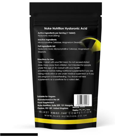 Nuke Nutrition Hyaluronic Acid Tablets - 60 Count (200mg) - Skin, Hair & Nails Supplement - Hydrate & Moisturize - Anti-Aging Properties - 100% Natural Ingredients - Buy Online on GoSupps.com