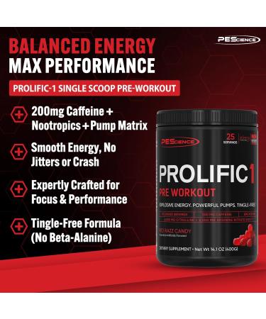 PEScience Prolific-1 Pre Workout Powder for Men & Women with L-Citrulline, Nitric Oxide Booster, Energy Powder & Nootropic for Focus Preworkout Without Beta Alanine 25 Scoops, Red Razz Candy - Buy Online on GoSupps.com