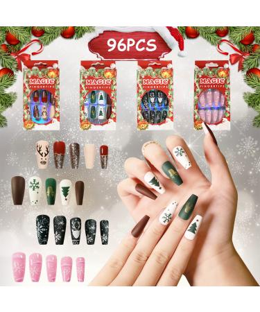 4 boxes Christmas shiny stilett medium wrong nails Christmas tree modestile acrylic artificial nail tips with 4 sheet of jelly gum for Christmas party nail decoration (short)