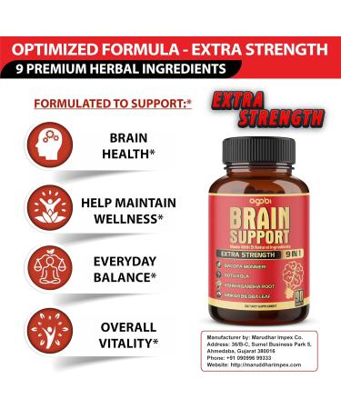 9in1 Brain Support Supplement - Concentrated Ashwagandha Root, Gotu Kola Powder, Bacopa Monnieri Powder and More - 90 Capsules - 3 Months Supply - Buy Online on GoSupps.com