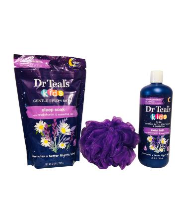 Dr. Teal s Melatonin Body Wash and Sleep Soak for Kids Bundle: Pure Epsom Salt Melatonin Sleep Soak (32 oz.) + 3 In 1 Sleep Bath with Melatonin & Essential Oils (20 oz.) + Purple Loofah